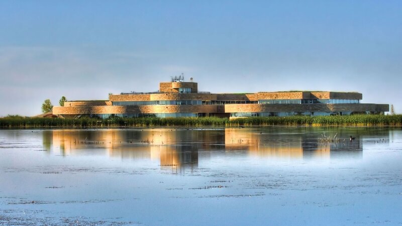 Modern building by a lake