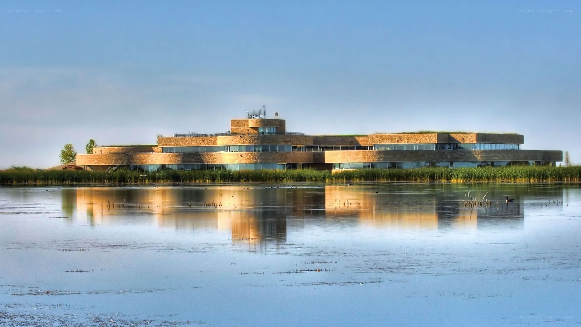 Modern building by a lake