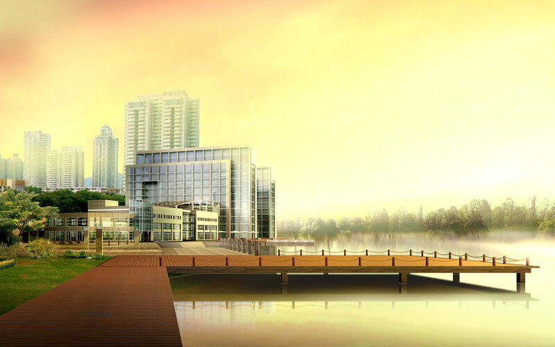 Modern building by the lake
