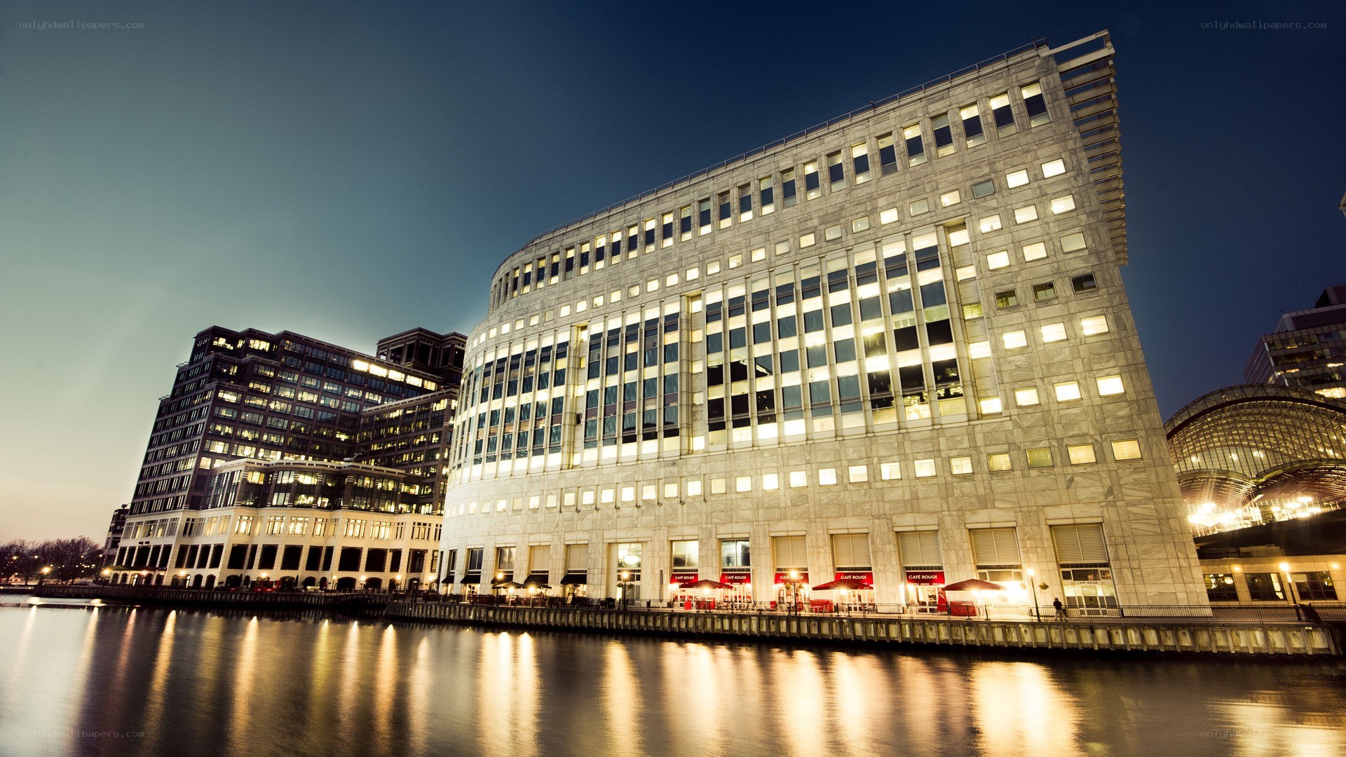 modern building by the river at night