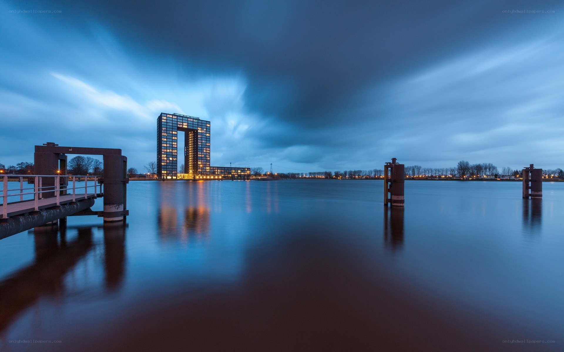 Modern building by the water