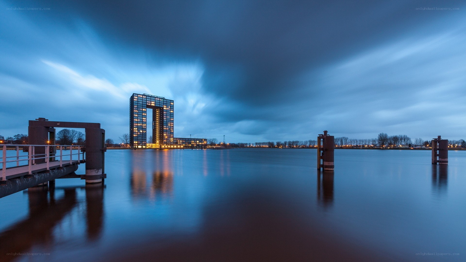 Modern building by the water