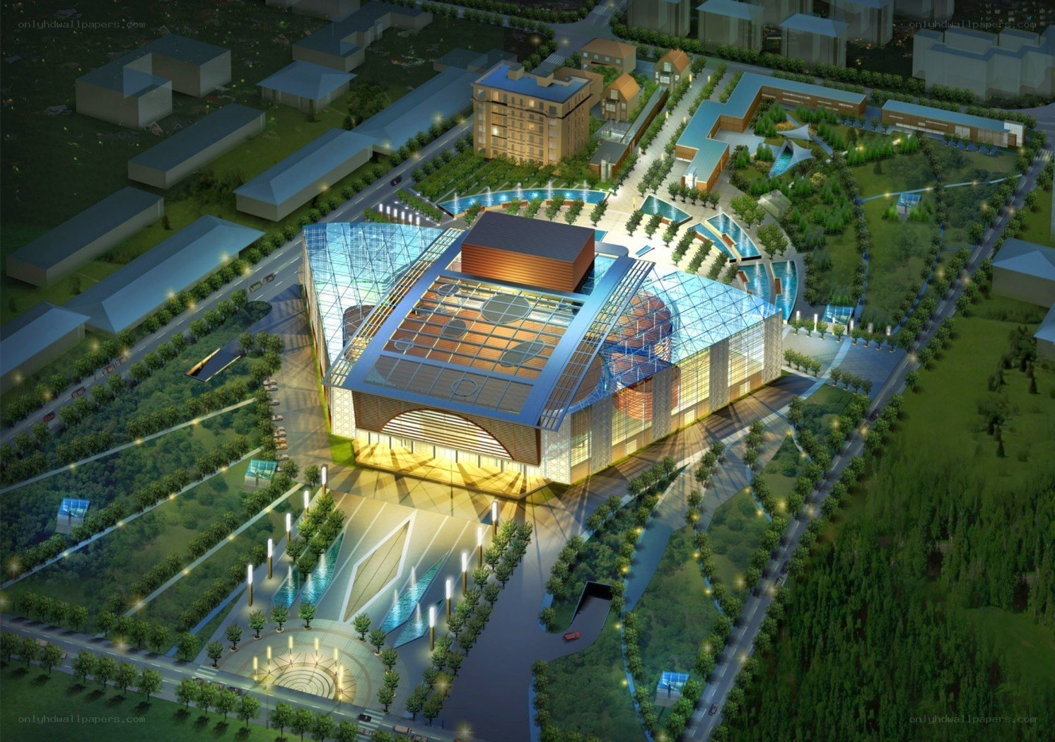 modern building complex at night