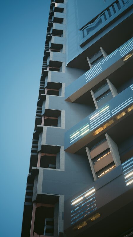 Modern Building Facade — Blue, Dramatic, Night, 3d Render