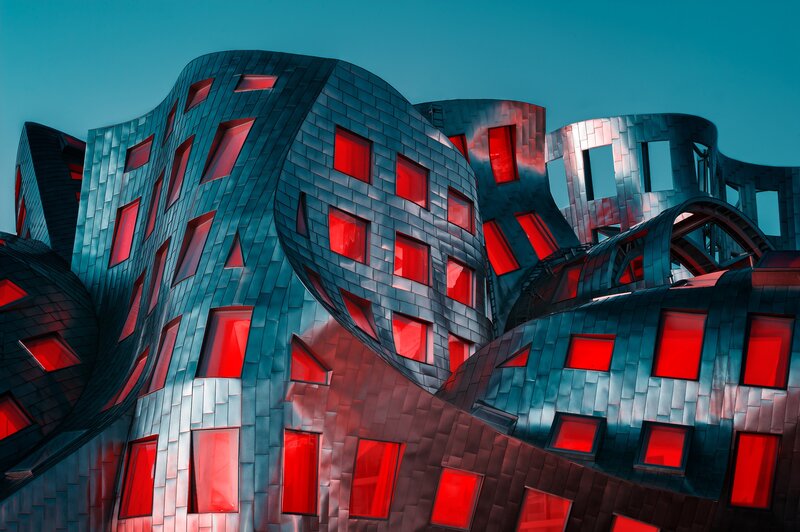 Modern Building Facade — Blue, Dramatic, Night, Photograph