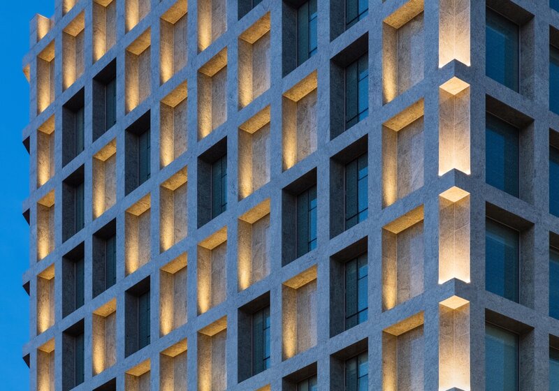 Modern Building Facade — Blue, Dramatic, Night