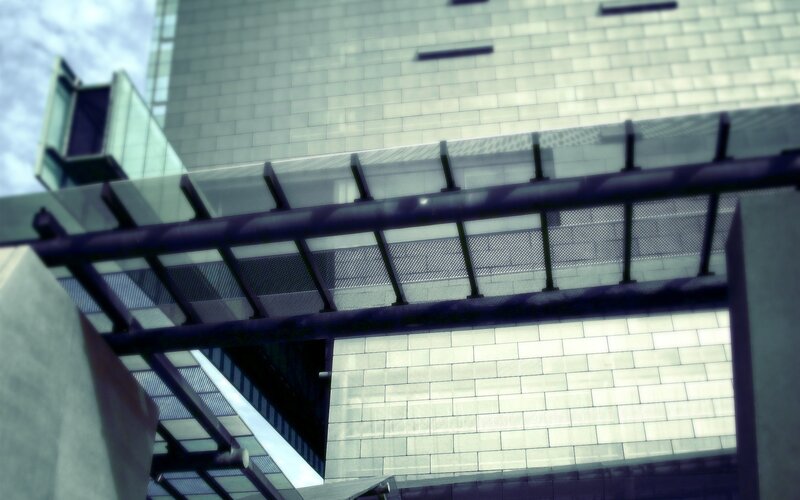 Modern Building Facade — Gray, Dramatic, Afternoon, Photograph, Walkway