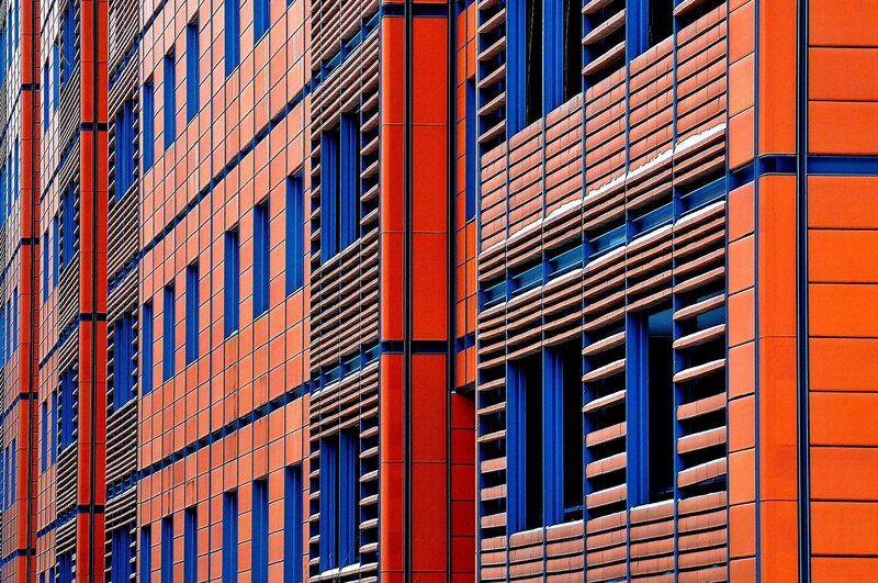 Modern Building Facade — Orange, Geometric