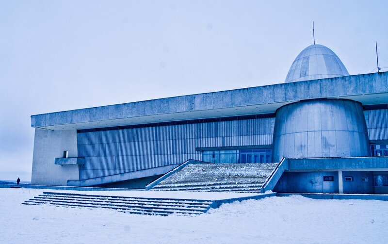 modern building in snowy landscape