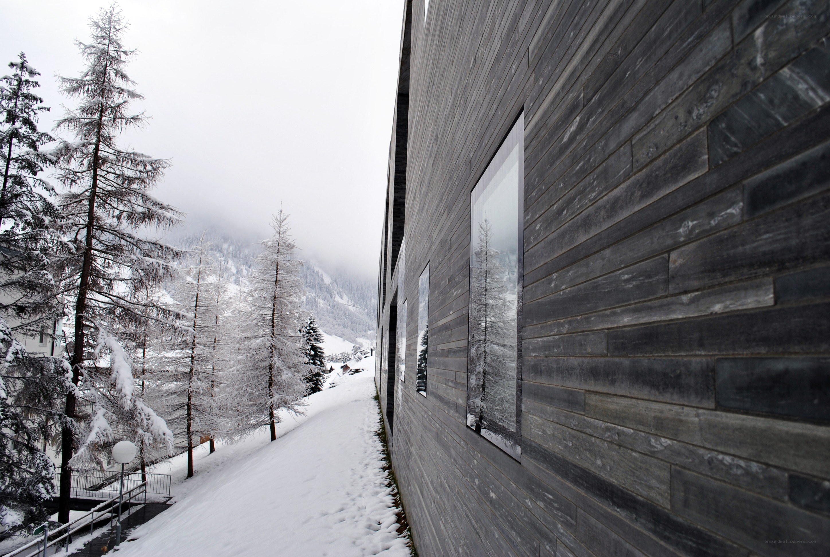 Modern building in snowy mountains
