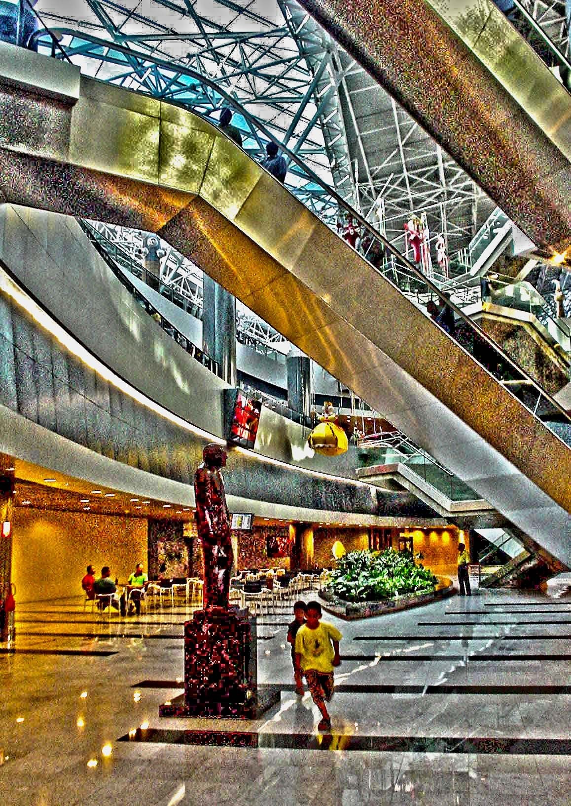 Modern building interior with escalators