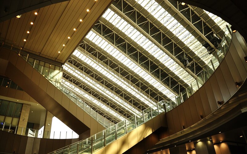 Modern building interior with glass roof