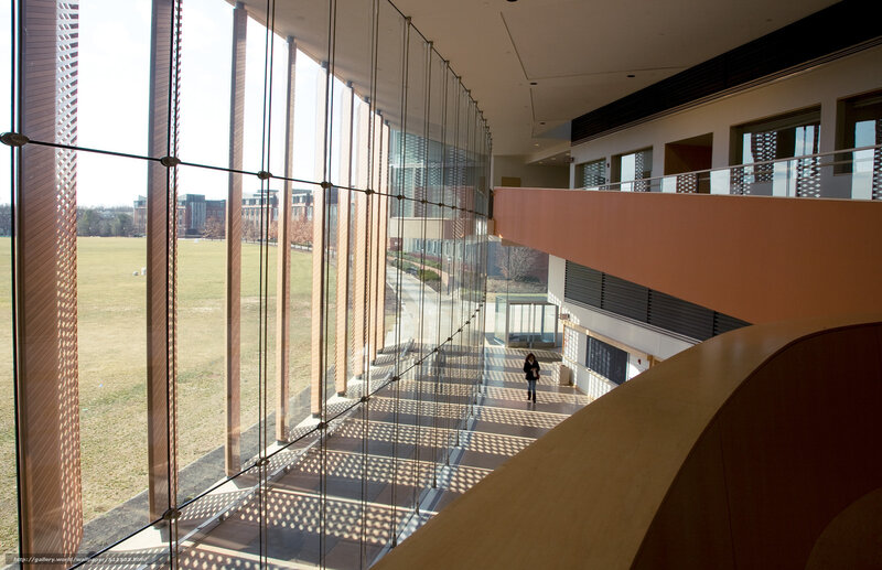 Modern building interior with glass walls