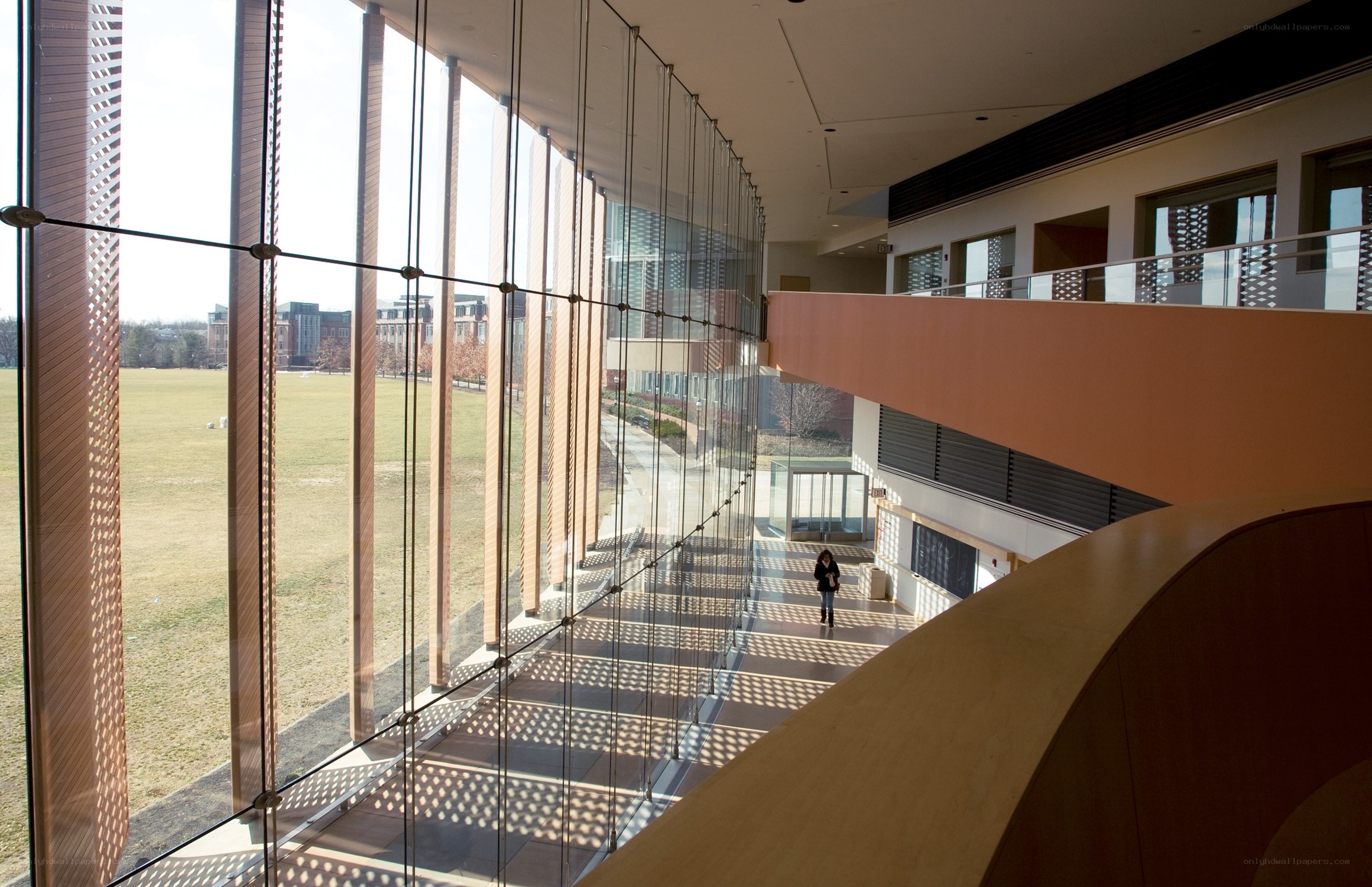 Modern building interior with glass walls