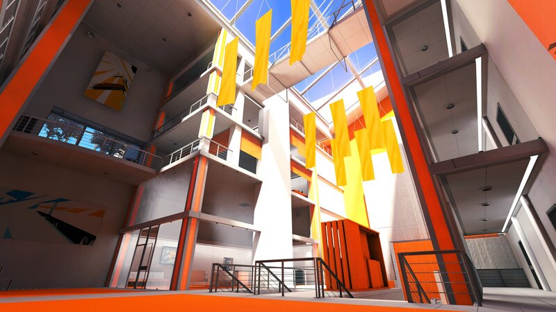 modern building interior with orange accents