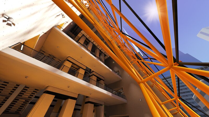 Modern building interior with orange structure