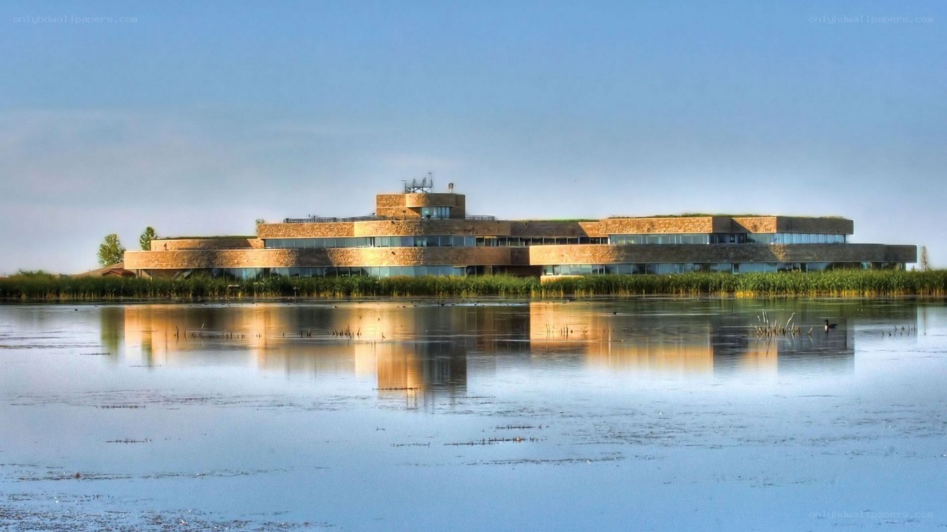 modern building on a lake