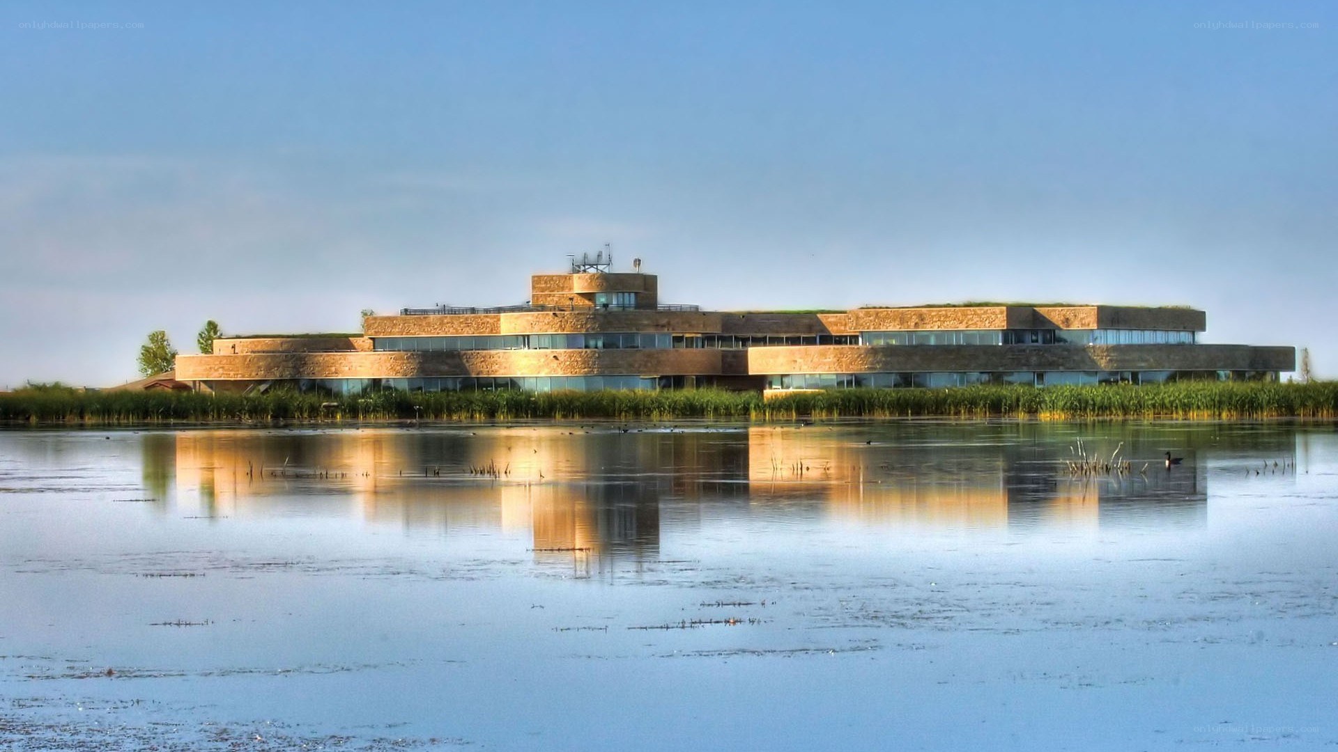 Modern building on a lake