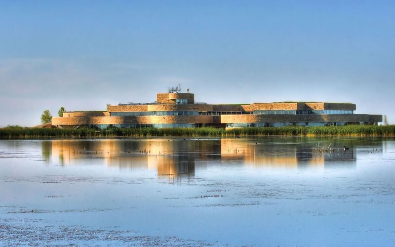 Modern Building on Lake — Blue, Serene