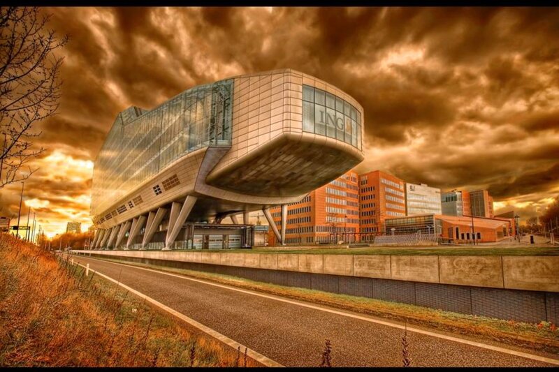 Modern building under dramatic sky