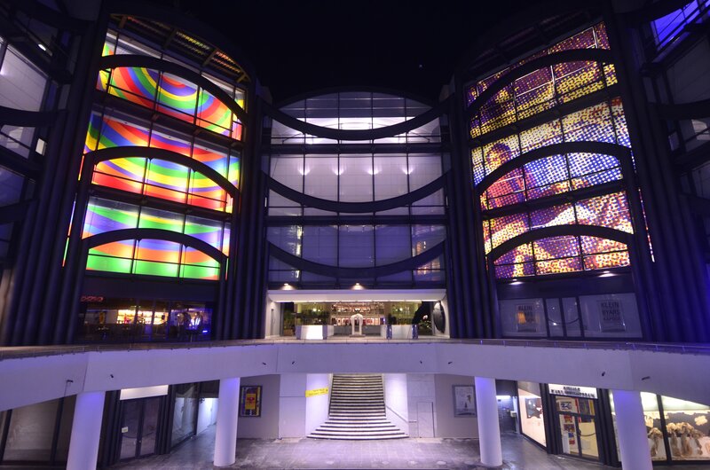 modern building with colorful stained glass