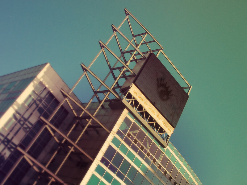 Modern building with digital sign