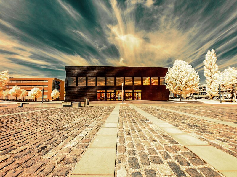 Modern building with dramatic sky
