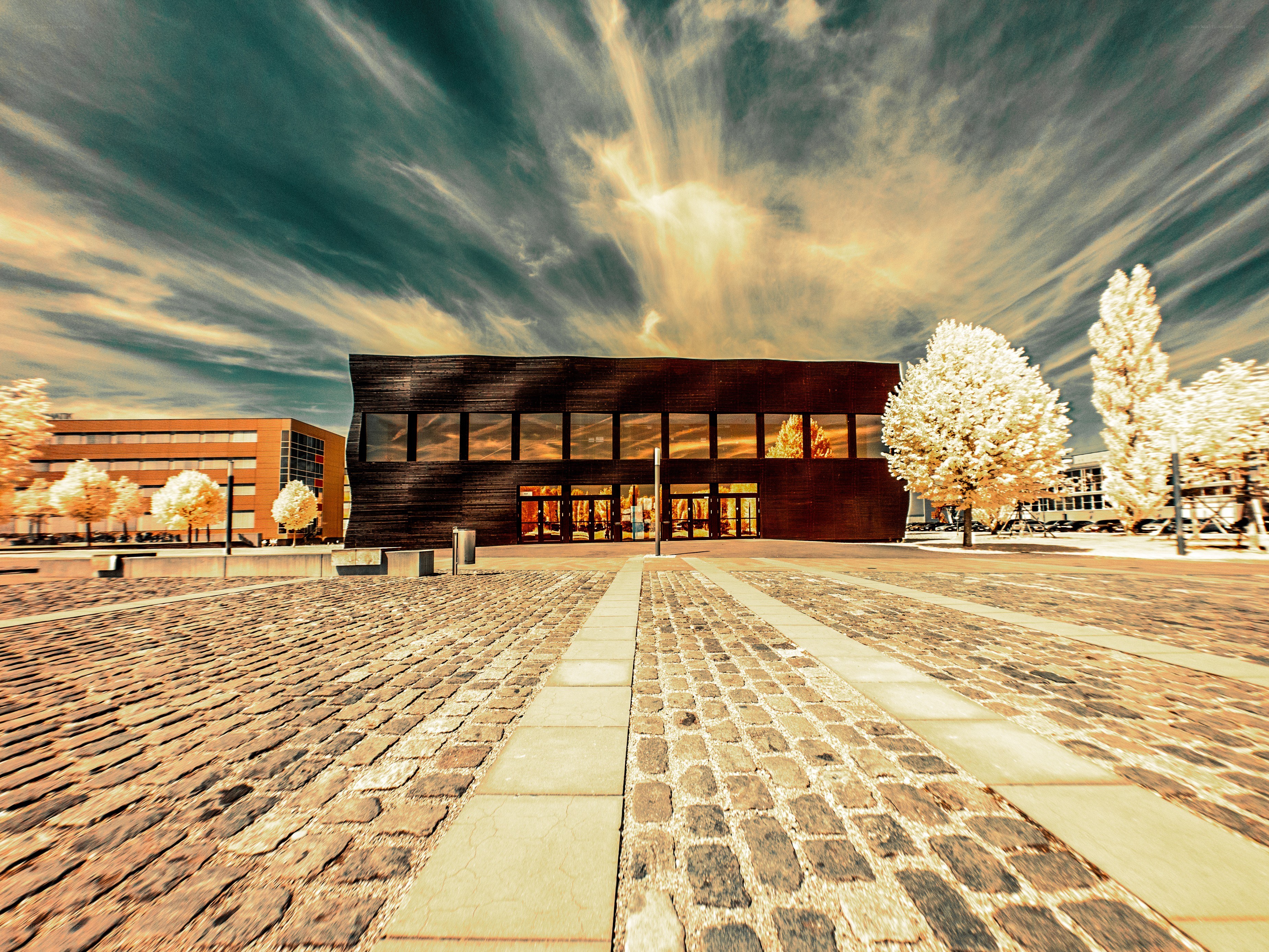 Modern building with dramatic sky