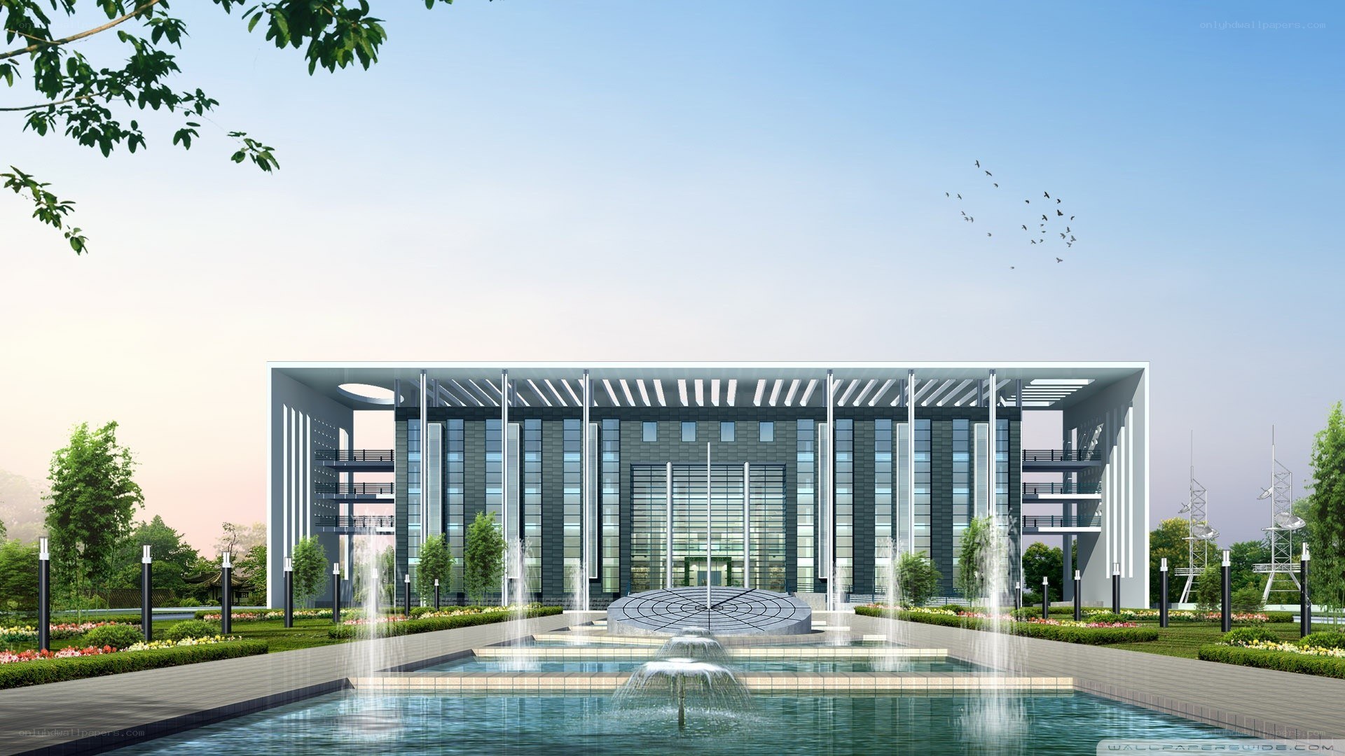 modern building with fountain