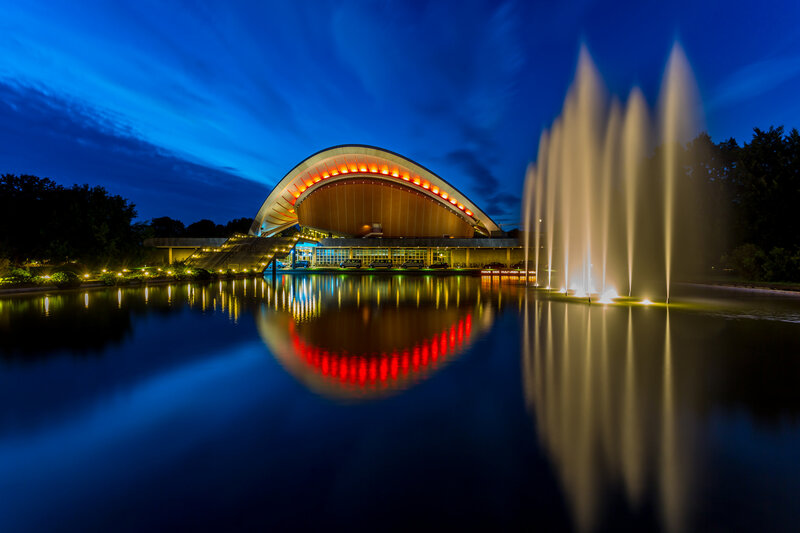 Modern Building with Fountain — Blue