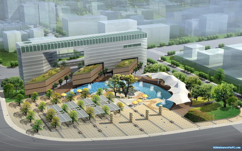 Modern Building with Fountain — Green