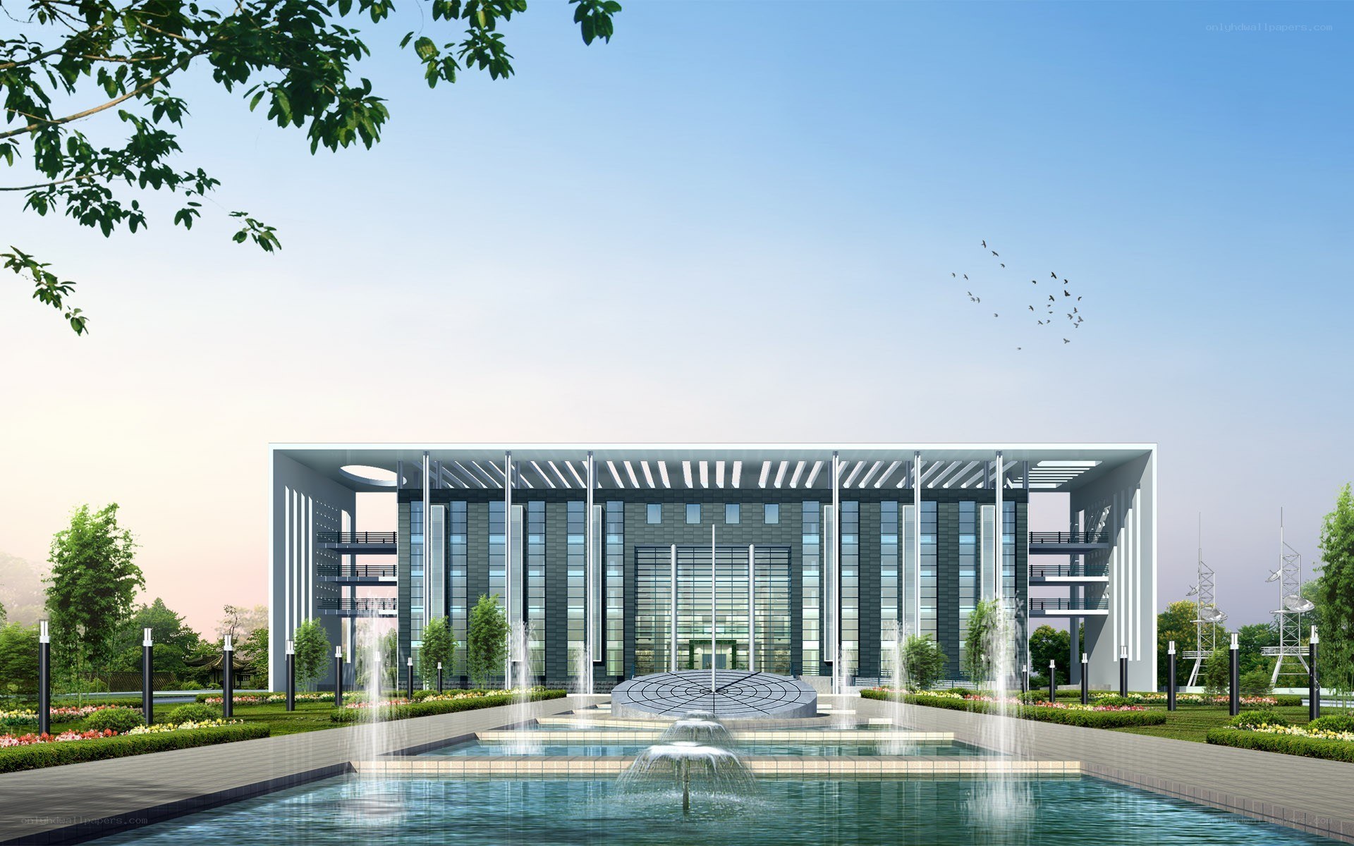 Modern building with fountain