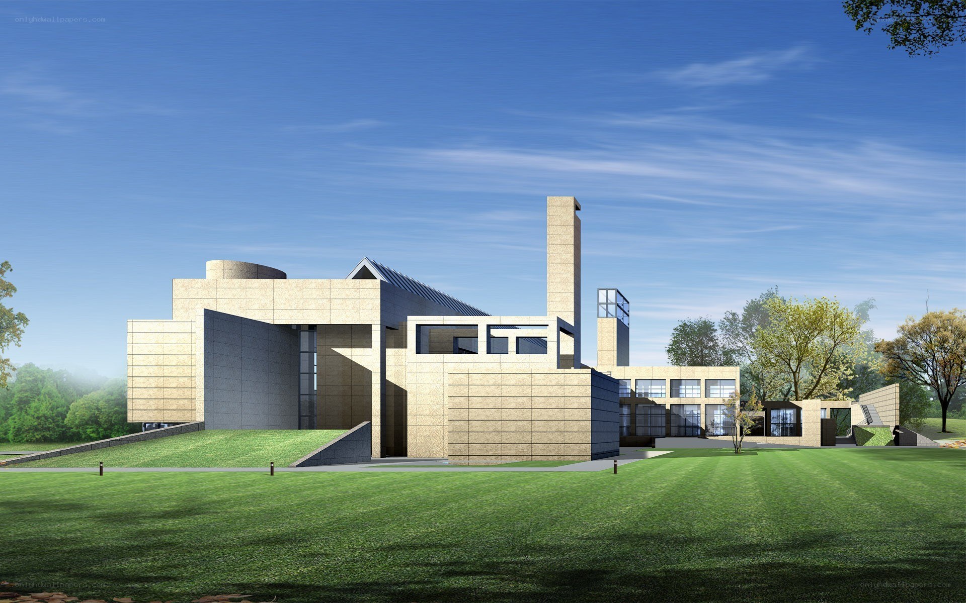 Modern building with green lawn