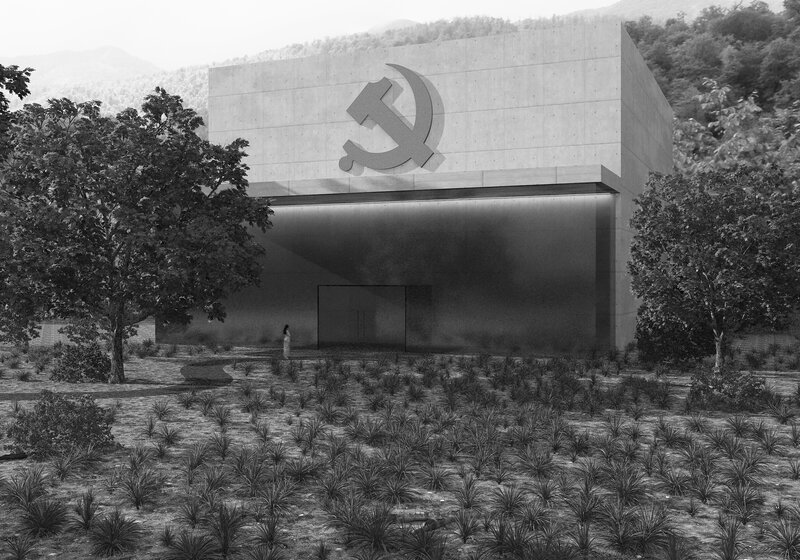 Modern Building with Hammer and Sickle
