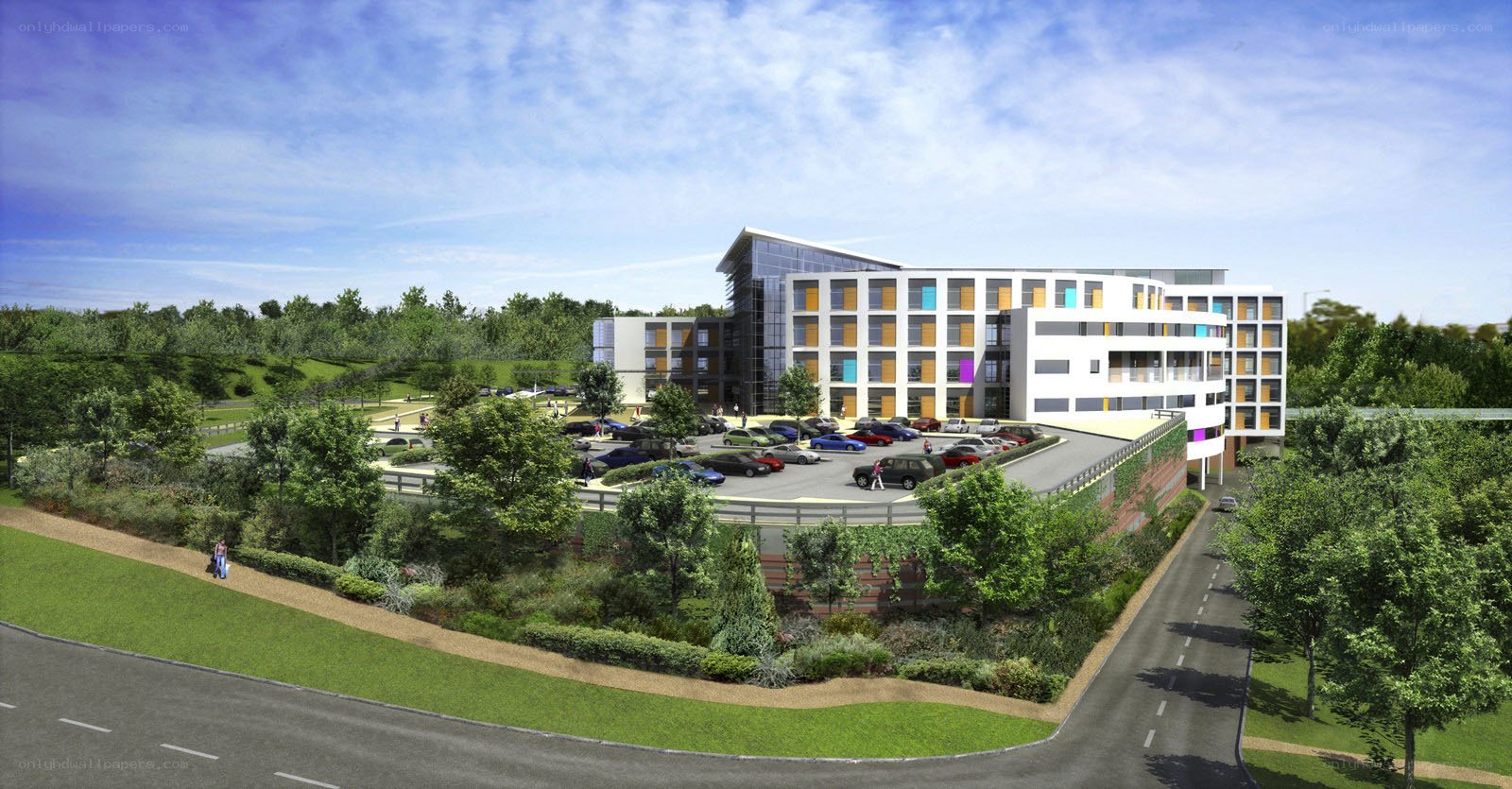 modern building with parking lot