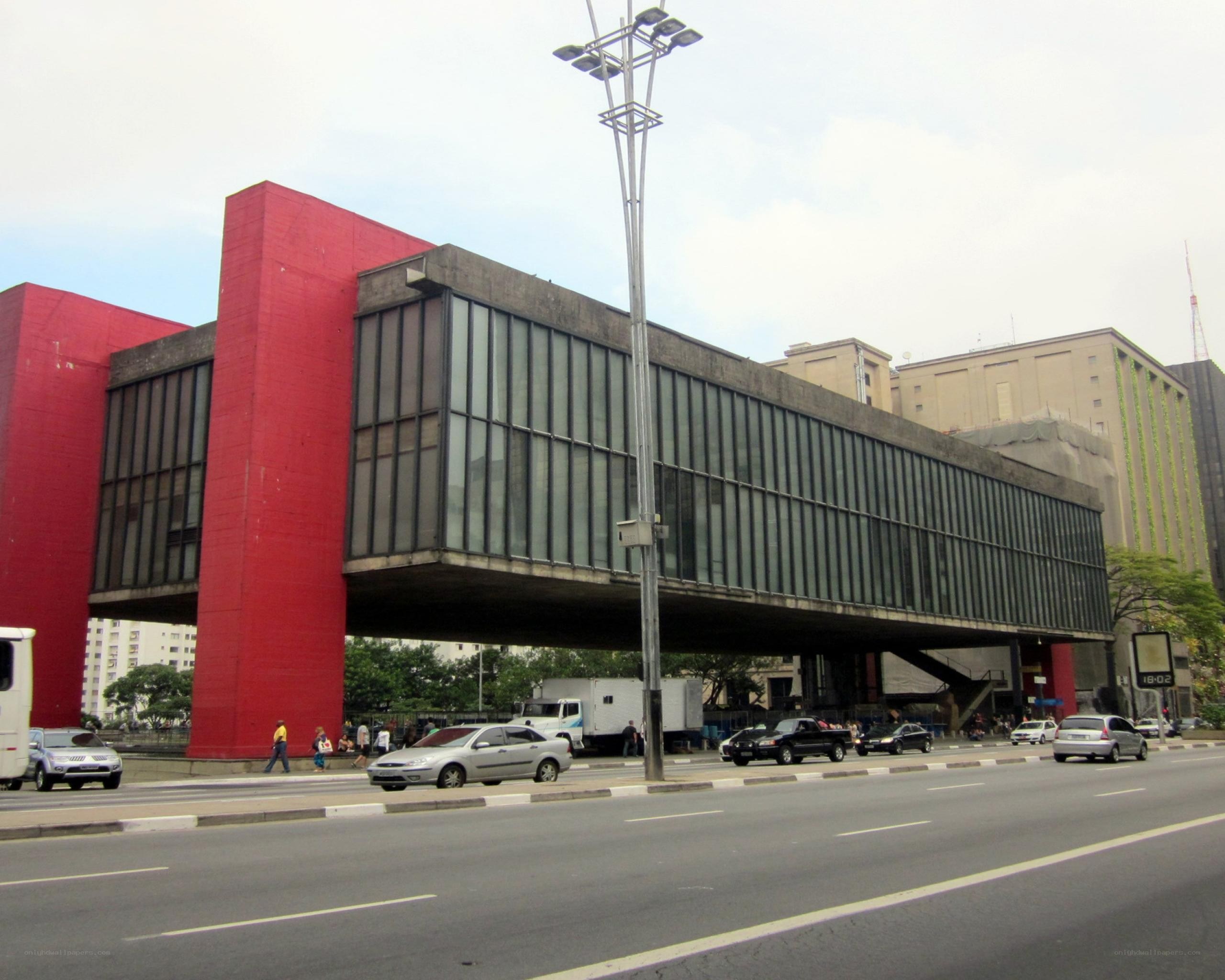 Modern building with red pillars