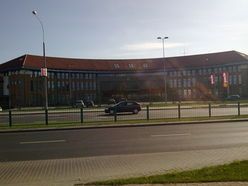 Modern building with red roof