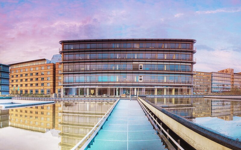 Modern building with water feature