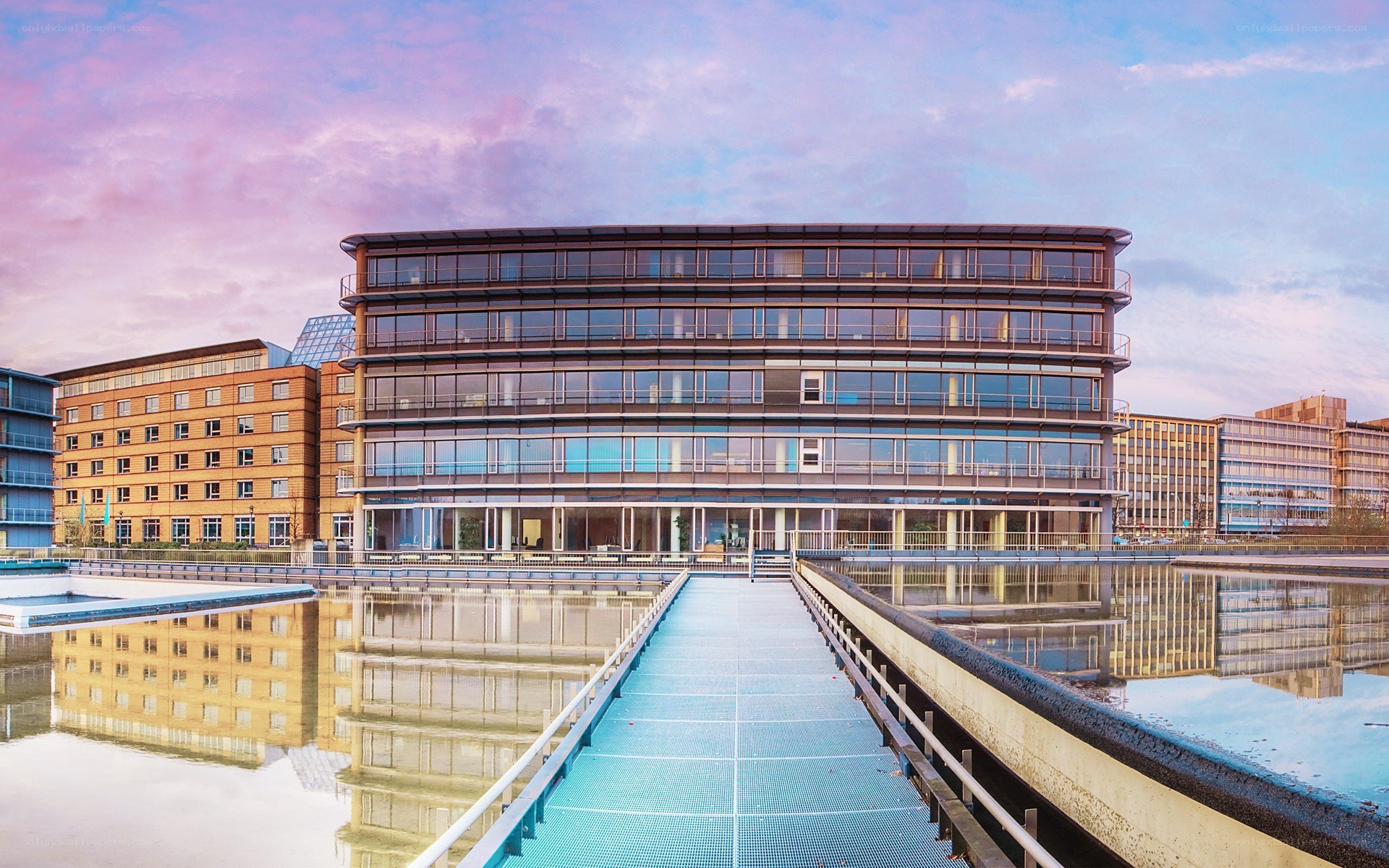 Modern building with water feature