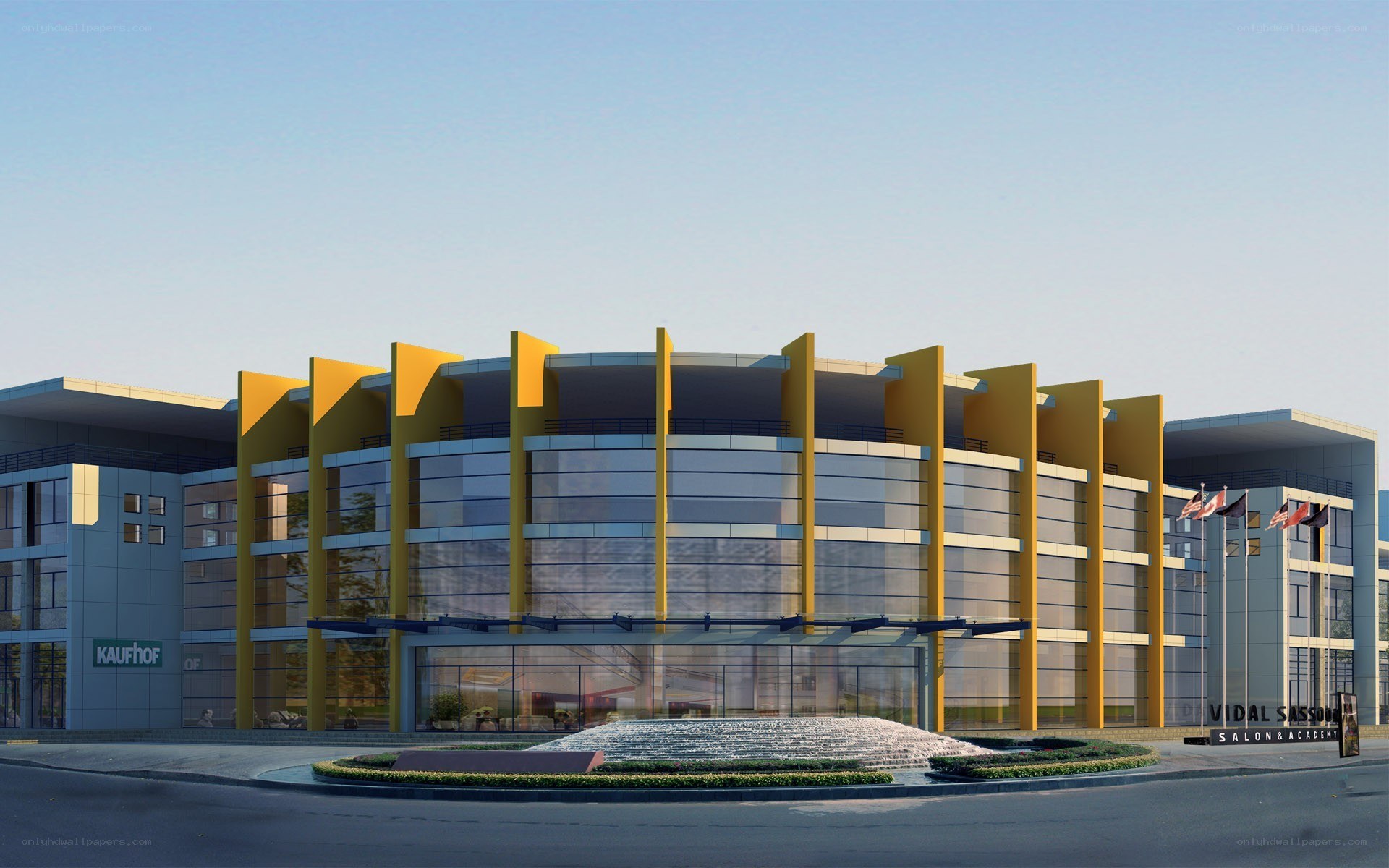 Modern building with yellow accents