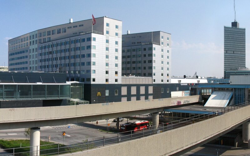Modern buildings and elevated walkway
