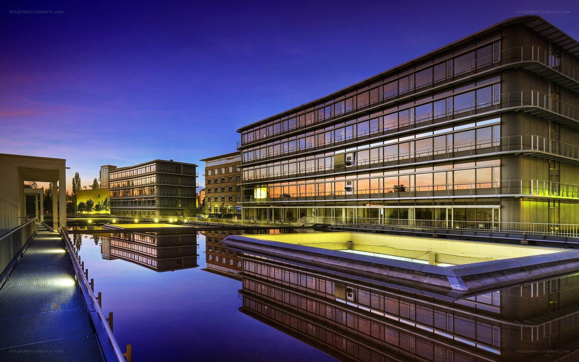 Modern buildings at dusk