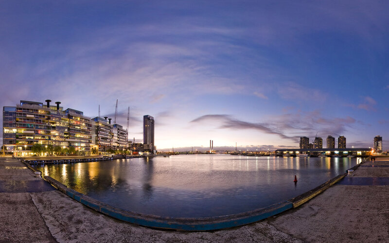 Modern Buildings at Harbor — Blue, Serene, Sunset