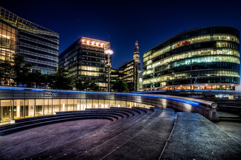 Modern Buildings at Night — Blue, Dramatic, Photograph, Skyscraper