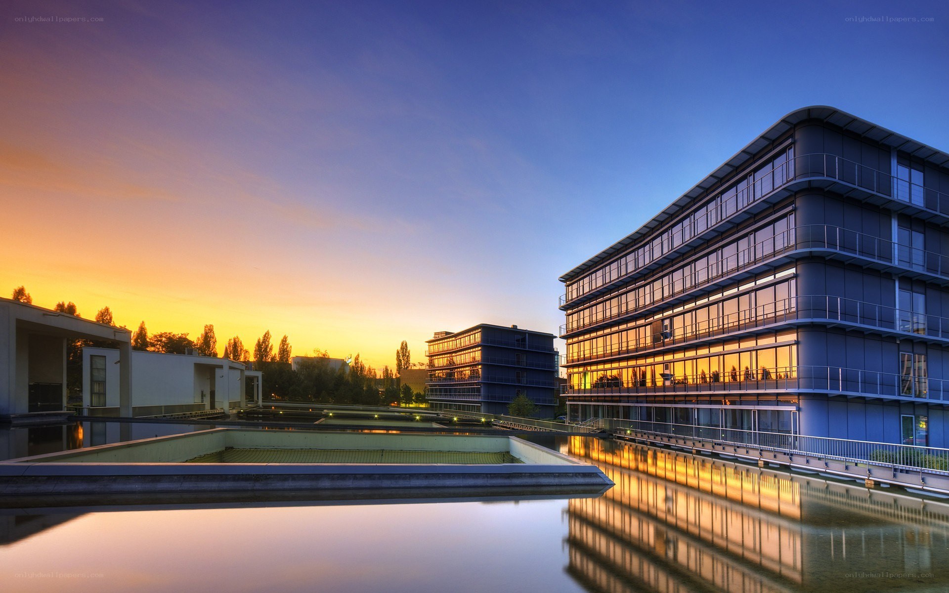 Modern buildings at sunset