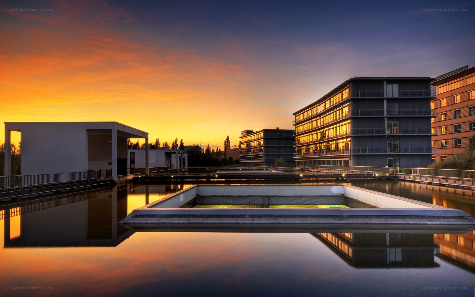 Modern buildings at sunset