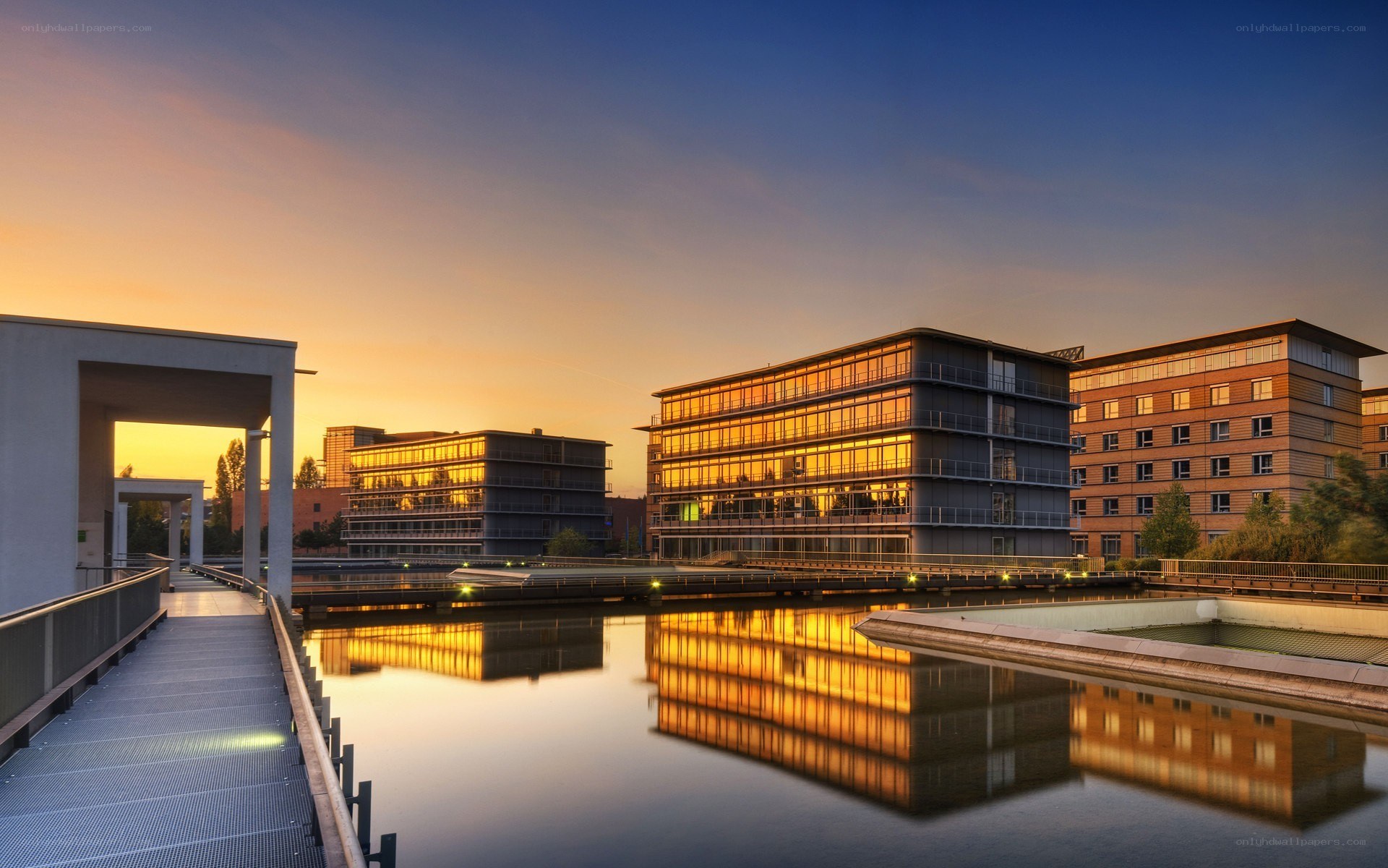 Modern buildings at sunset