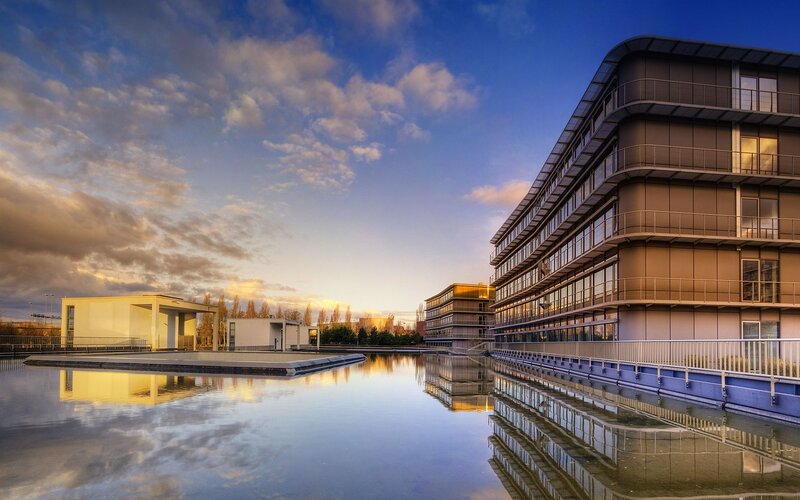 Modern buildings at sunset