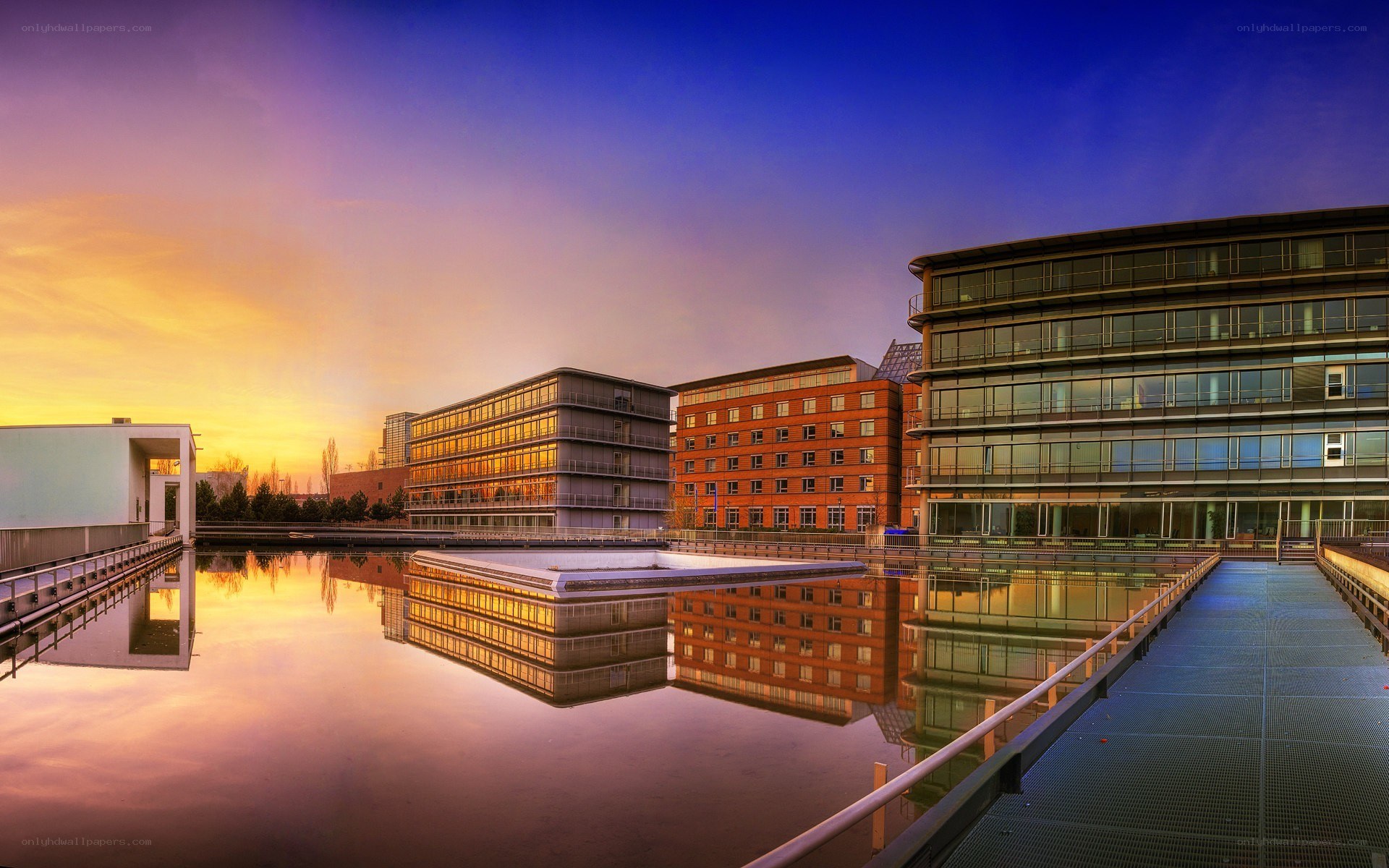 Modern buildings at sunset