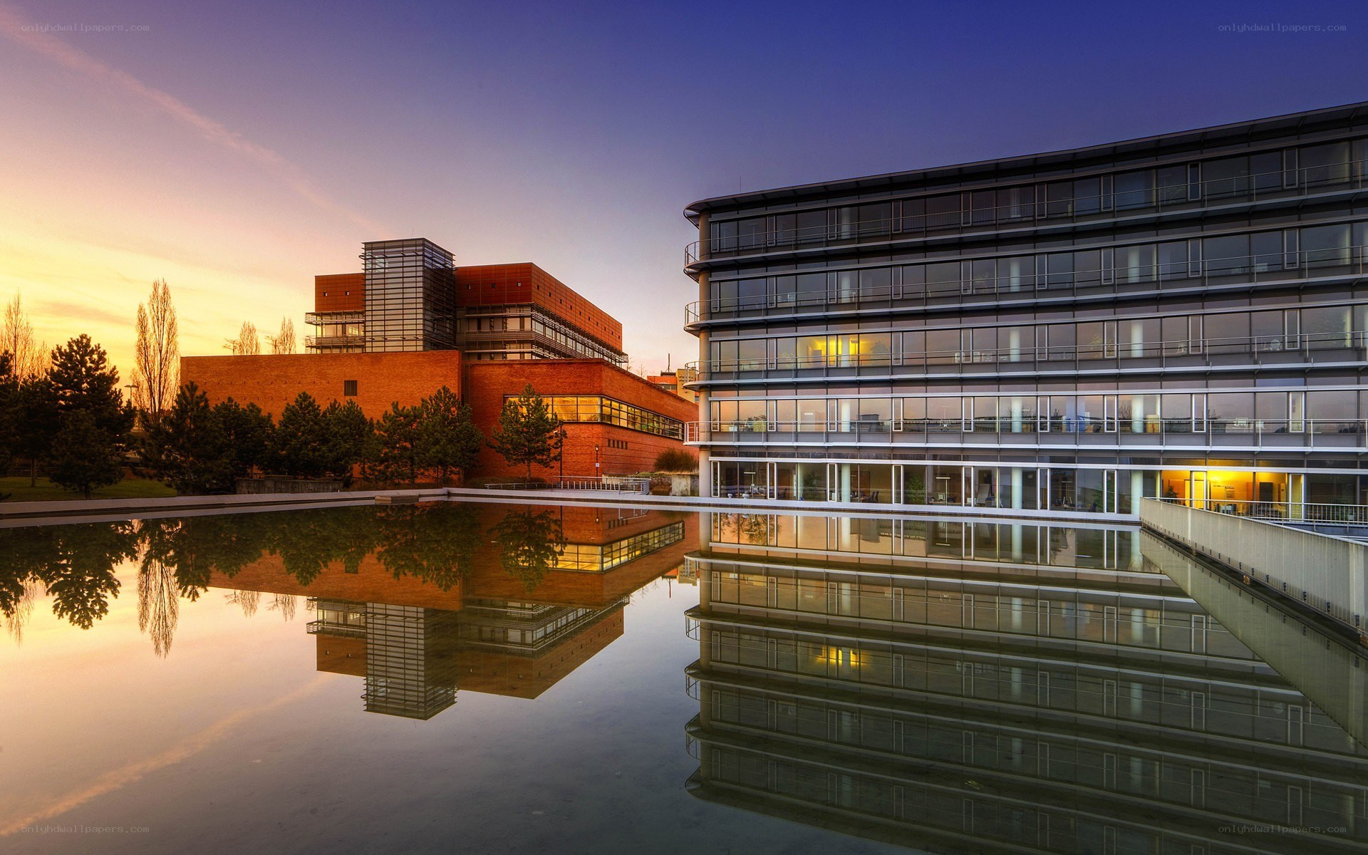 Modern buildings at sunset